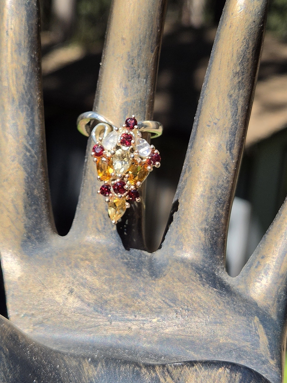 Citrine Moonstone Rhodalite & Green Amethyst Sterling White Gold Ring Sz7.5 - Picture 1 of 8